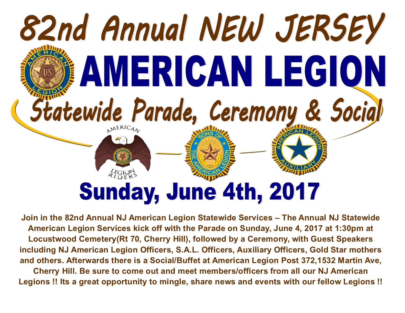 NJ American Legions - 82nd Statewide Service, Parade, Social / Buffet