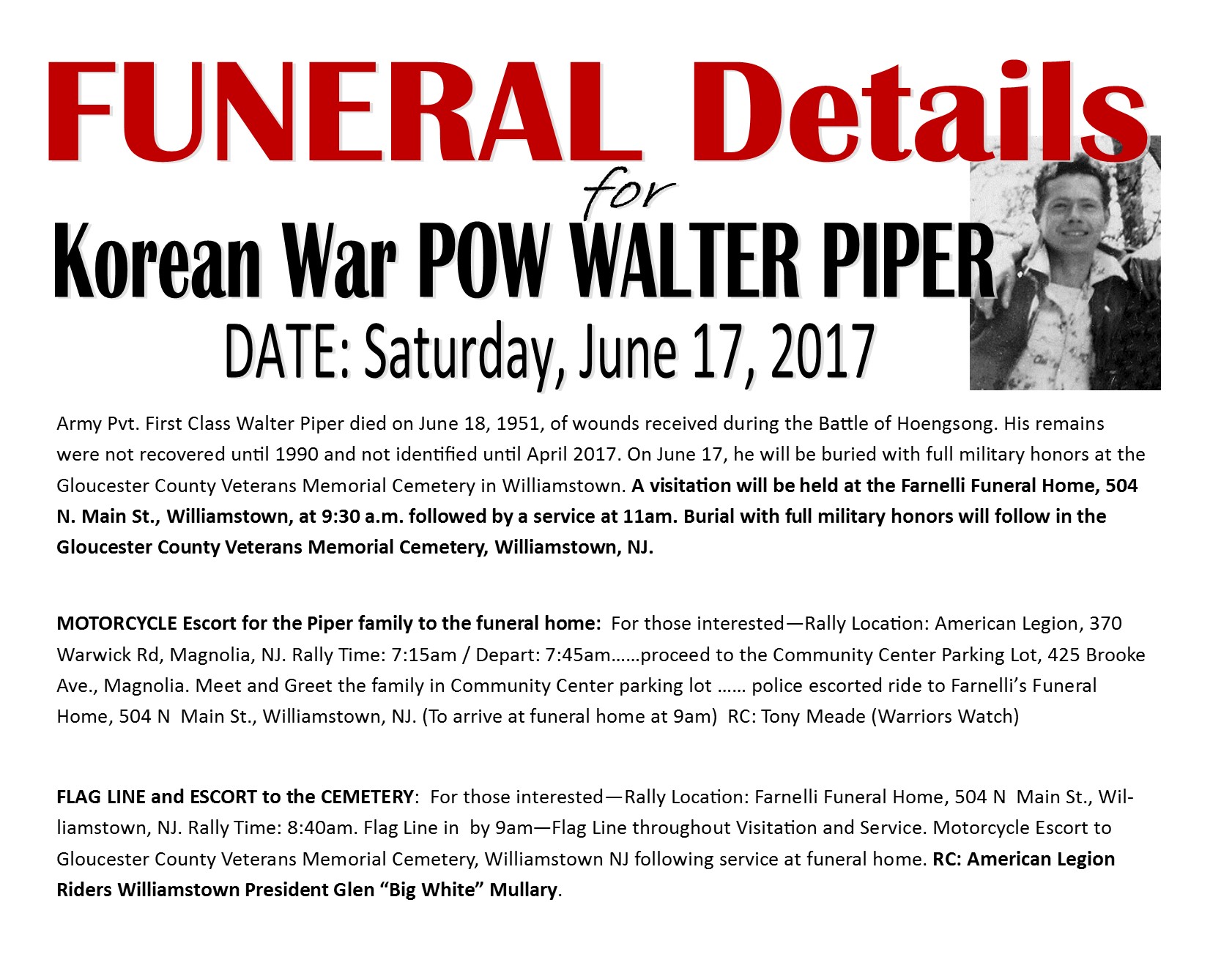 Korean War POW Walter Piper - Flag Line / Escort Funeral Home/Cemetery