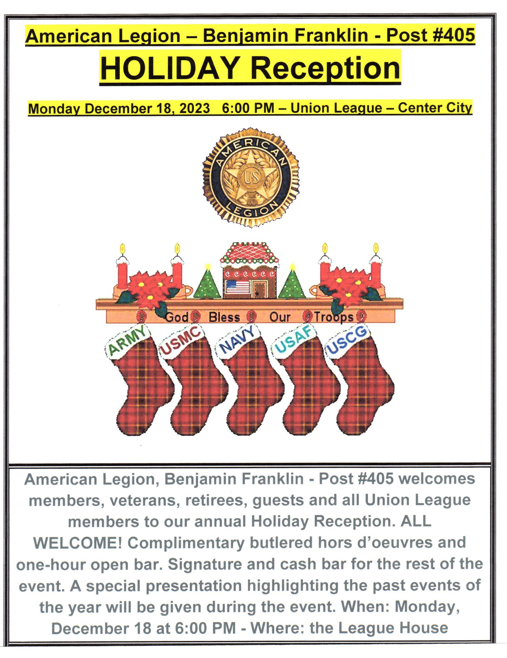 American Legion - Benjamin Franklin Post #405 - HOLIDAY RECEPTION